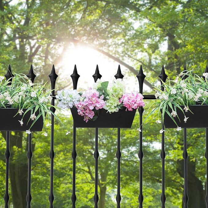 Railing Planters Outdoor Balcony 16 Inch Deck Over The Railing Planter Boxes Hanging Planters for Fence Flower 5 Pcs (Black) Holensun