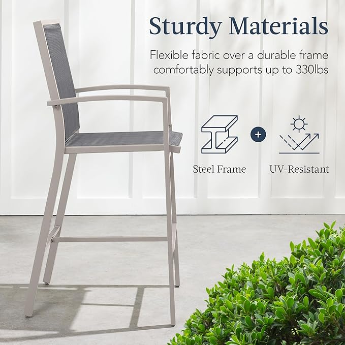 Best Choice Products Outdoor Bar Stools Set of 2, Bar Height, Patio Furniture, All Weather Mesh Design w/Armrest - Taupe/Charcoal BestChoiceProducts