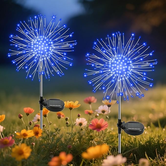 Garden Outdoor Lights, 2 Pack 120 LED Solar Garden Lights Fairy Lights Outdoor Waterproof Decorative Solar Firework Lights for Yard, Patio, Pathway, Flowerbed Party Wedding Decor, Blue Slyuexu
