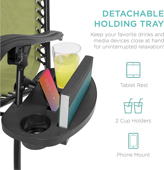 Best Choice Products Set of 2 Adjustable Steel Mesh Zero Gravity Lounge Chair Recliners w/Pillows and Cup Holder Trays - Dusty Green/Black BestChoiceProducts