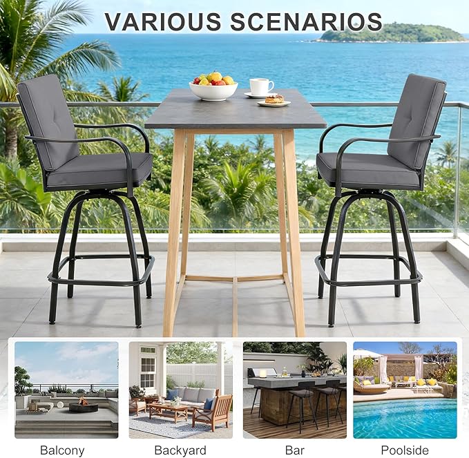 Patio Swivel Bar Stools Set of 4, Outdoor Bar Height Swivel Chairs with Cushions for Garden Balcony Backyard, Grey STRPRETTYBASIC