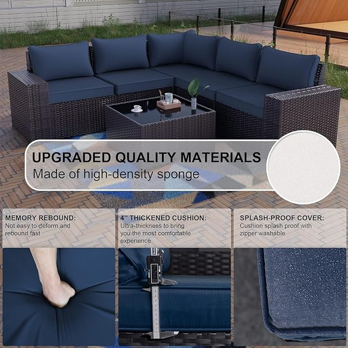 Kullavik 9 Pieces Outdoor Patio Furniture Set,PE Wicker Rattan Sectional Sofa Patio Conversation Sets with Swivel Rocking Chairs Set,Navy Blue KULLAVIK