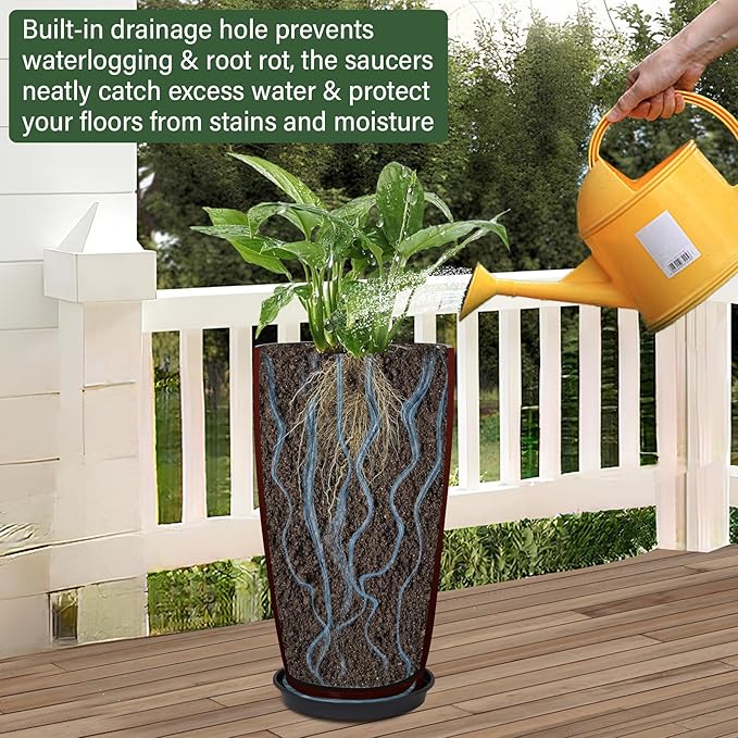 24/21/12 Inch Large Plastic Planter, Lightweight Ceramic-Look Tall Planters with Drain Hole & Saucers, Tall Plastic Planters for Porch, Garden, Patio, Balcony(Fiery Red) Neoaider