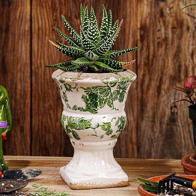 Sungmor Small Ceramic Urn Planter - Green Scroll Floral Pedestal Flower Pot, Decorative Vintage Chinoiserie Style Planters, Tuscan Accent Vase Indoor Outdoor Plant Holder with Drainage Sungmor