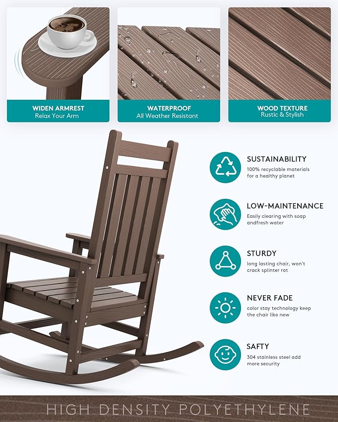 SERWALL Oversized Rocking Chair, Outdoor Rocking Chair for Adults, All Weather Resistant Porch Rocker for Lawn Garden, Brown SERWALL