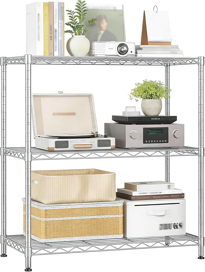 Xcity Storage Shelves, 3 Tier Heavy Duty Metal Shelving Unit with Wheels, 1050 LBS Capacity Adjustable Steel Wire Shelf Organizer for Pantry, Kitchen, Garage, 14" D x 24" W x 30" H, Chrome Rootora
