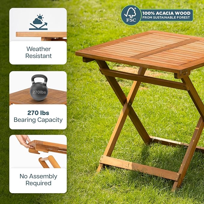 IDZO Legolas FSC Acacia Wooden Folding Table, Heavy Duty 270lbs Capacity, Elegant & Rustic Design for Garden, Backyard, Porch, Patio, Easy Assembly Idzo