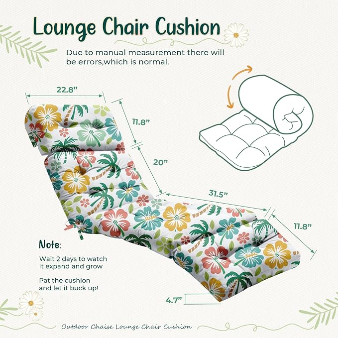 4 Pack Outdoor Chaise Lounge Chair Cushion 75.1 x 22.8 x 4.7 Inches 100% Waterproof Replacement Cotton Patio Pool Lounge Chair Cushion for Outdoor Furniture with Ties, Green Coconut Tree Uthem