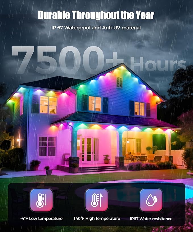 POOFZY Permanent Outdoor Lights for House,200ft RGB+IC Smart Outdoor Decor, 50 Scene Modes,App/Remote Control,for Christmas,Super Bowl,V-Day,Thanksgiving,Daily & Holiday Party Decor POOFZY
