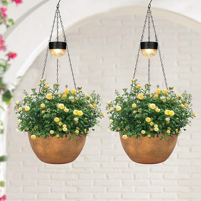 2 Packs Hanging Planters Basket for Outdoor Plants, Solar Powered Self Watering Bronze Round Plastic Flower Pots with Drainer for Balcony Patio Garden Outdoor Decoration SUNNYPARK