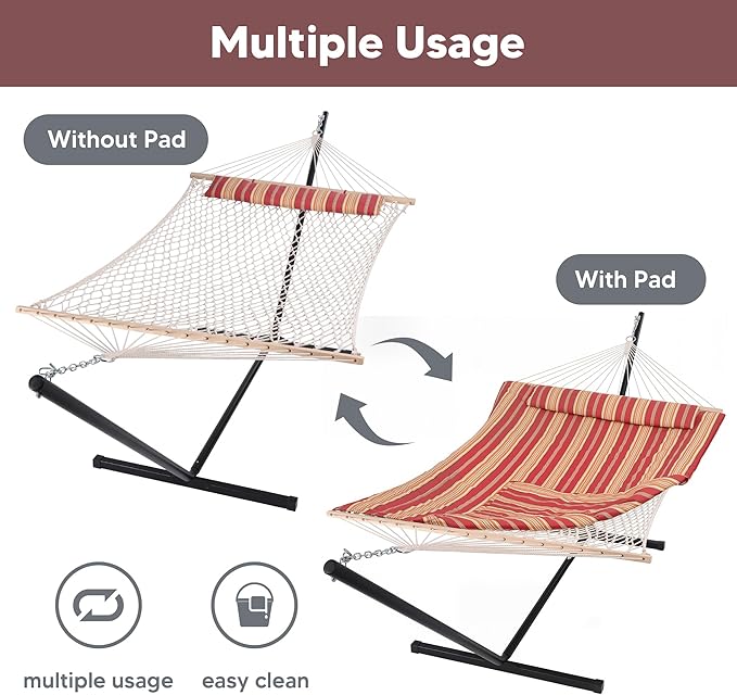 SUNCREAT Hammocks Portable Hammock with Stand, Hammock with Stand 2 Person Heavy Duty for Bedroom, Backyard, Patio, Balcony, Red Stripe SUNCREAT