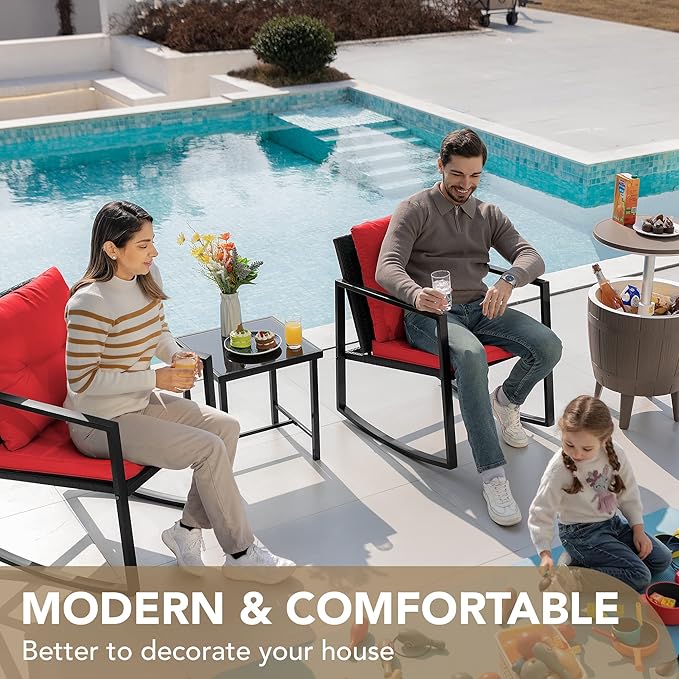 Devoko 3 Piece Rocking Bistro Set Wicker Patio Outdoor Furniture Porch Chairs Conversation Sets with Glass Coffee Table (Red) DEVOKO