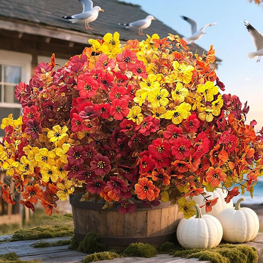 20 Bundles UV Resistant Artificial Fall Flowers for Outdoor - No Maintenance Thanksgiving Decor with Orange Blooms, Faux Silk & Plastic Plants for Porch, Yard (Fall Coffee Mix) Grunyia