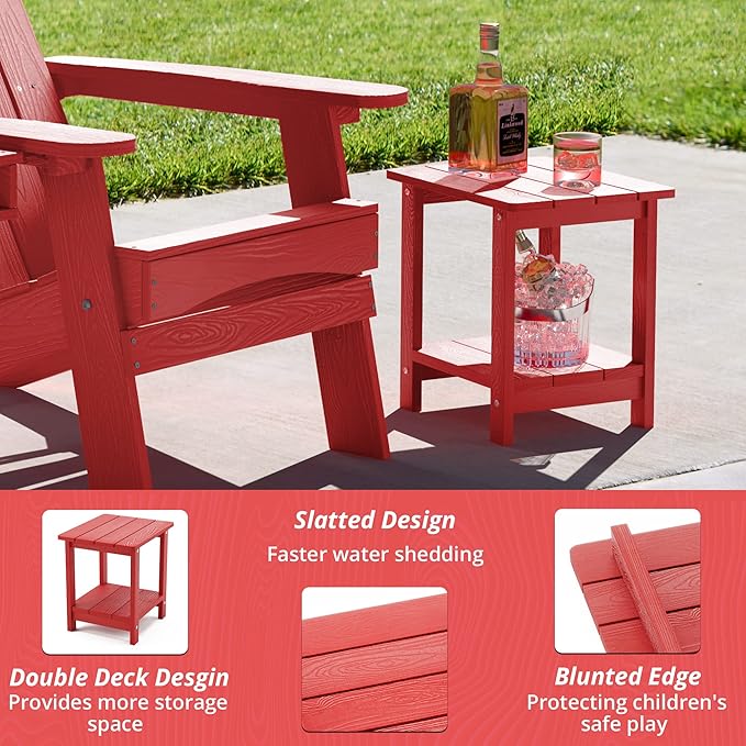 LUE BONA Adirondack Outdoor Side Table, 2-Tier Bright Red HDPS Patio End Table Weather Resistant, Morden Side Table for Patio, Pool, Porch LUEBONA