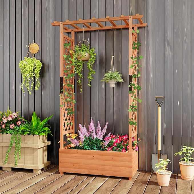 Giantex 2 Pcs Raised Garden Bed with Trellis & Hanging Roof, Wood Planter Box with Bottom & Drainage Holes, Freestanding Garden Planter for Flower Vegetable Fruit Herb Climbing Vines, 43.5"x17.5"x72" Giantex