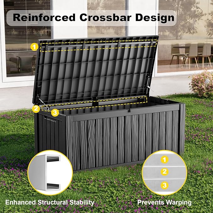 150 Gallon Outdoor Storage Box, Weather Resistant & Waterproof Resin Deck Box with UV Protection, Rattan Black Patio Storage Cabinet for Garden, Patio, Porch, Poolside(Black) KFY
