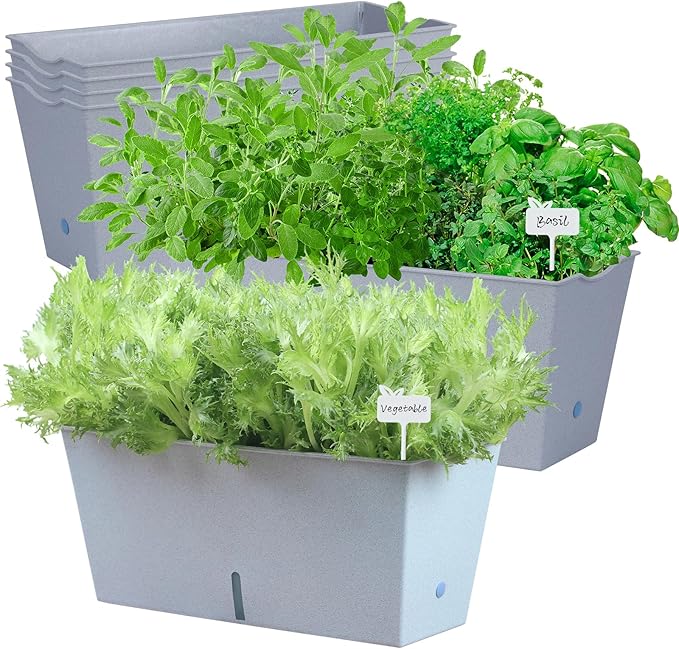 Window Box Planter 6 Pcs, 16.5 Inches Self Watering Rectangle Flower Plant Pots with Drainage Holes Trays, Vegetable Planters for Windowsill Patio Garden Balcony Porch Yard (Grey) Oliz