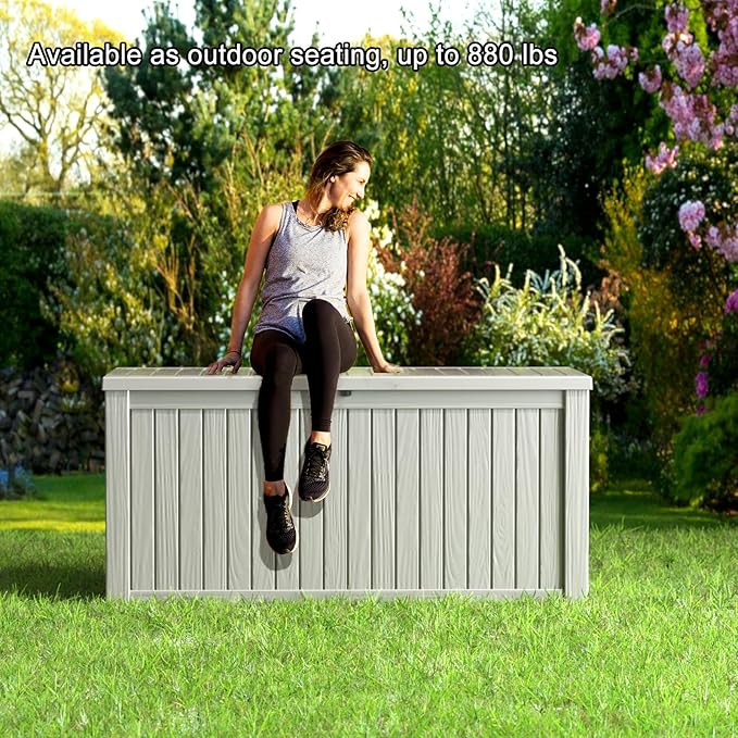 180 Gallon Resin Deck Box, Lockable Patio Outdoor Storage Box for Furniture, Garden Tools and Tools Storage, Waterproof Outside Storage Boxes - Grey OutdoorLivingPerfected