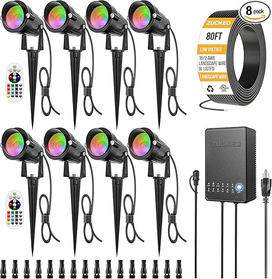 ZUCKEO All-in-One RGBW Landscape Lighting Kit, 5W Color Changing Low Voltage Landscape Lights with Transformer and 80FT Wire, LED Multi-Color Landscape Spotlights for Holiday Yard Garden House, 8Pack ZUCKEO