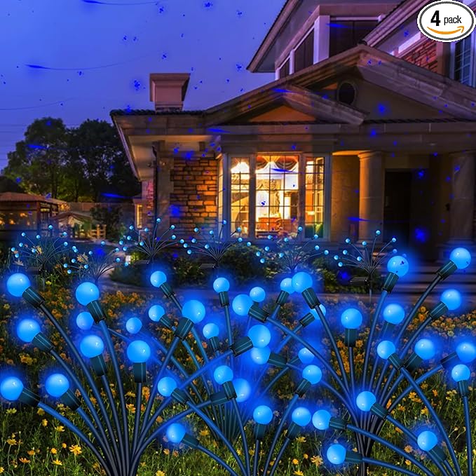Kohlrabi Solar Garden Lights Outdoor, 4 Pack 40 LED Solar Blue Firefly Lights Waterproof, Starburst Wind Swaying Light for Outside Yard Patio Planter Flower Bed Walkway Christmas Decoration KohlrabiDecor