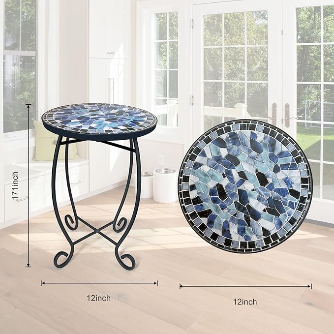 LIFFY Outdoor Side Table,12" Round Ceramic Tile Tabletop Accent Table with Metal Frame, Indoor Small Decorative Plant Stand & End Table for Home, Patio, Garden LiffyArt