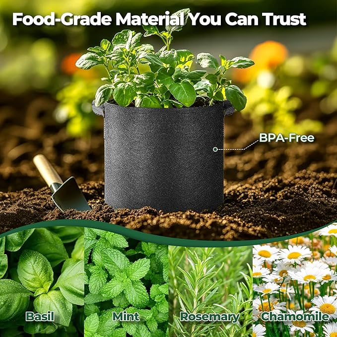T4U 1 Gallon Grow Bags, Upgrade Grow Bags with Handles, Heavy Duty Thickened Nonwoven Fabric Pots, 1 Gallon Pots for Plants, Herb, Mint, Thyme (5 Pack) T4U