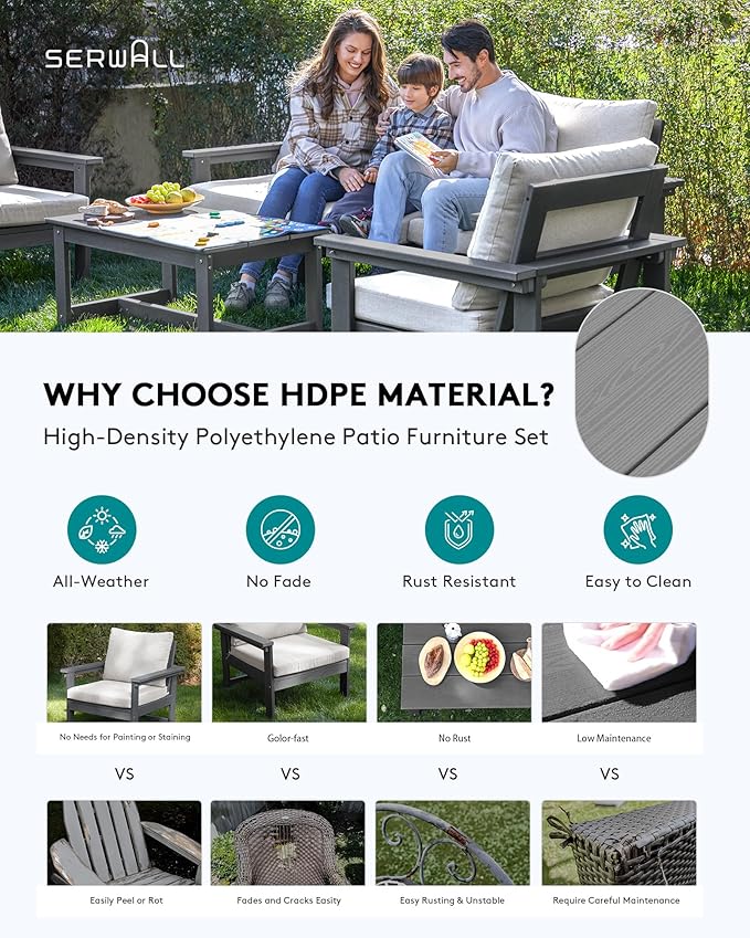 SERWALL HDPE Patio Conversation Set, 6-piece Sectional Outdoor Furniture Set, All Weather Outdoor Couch Set Patio Furniture Set for Deck, Lawn, Grey Frame with Grey Cushion SERWALL