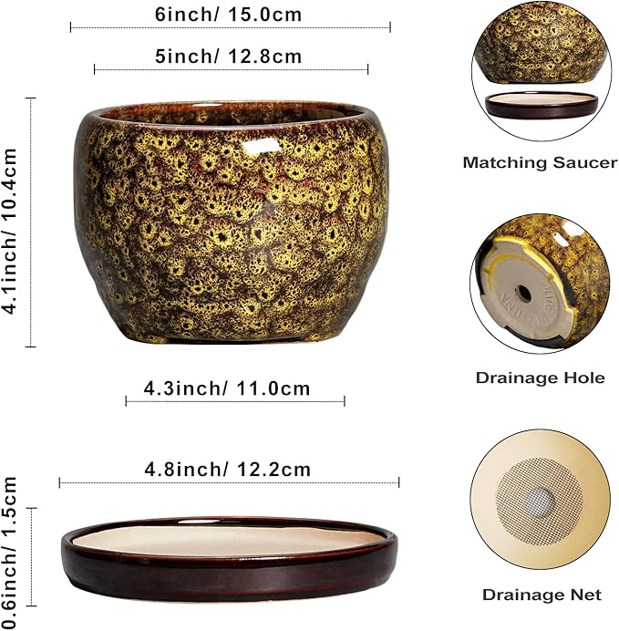 SQOWL 6 Inch Plant Pot - Ceramic Flower Pots with Drainage Hole and Saucer, Ceramic Planter for Indoor Plants Outdoor, Round Decorative Small Planter, Table Desk Decor, Housewarming Gifts, Yellow SQOWL
