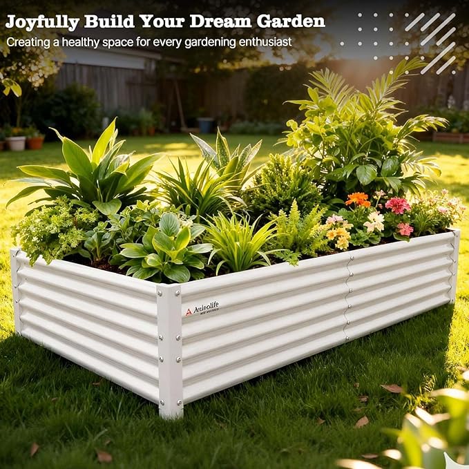 A ANLEOLIFE 6X3X1.5 ft Galvanized Raised Garden Beds Outdoor, Rectangular Metal Planter Box for Planting Vegetables Flowers Herb, Anti-Rust & Easy-Setup, Antique White AAnleolife