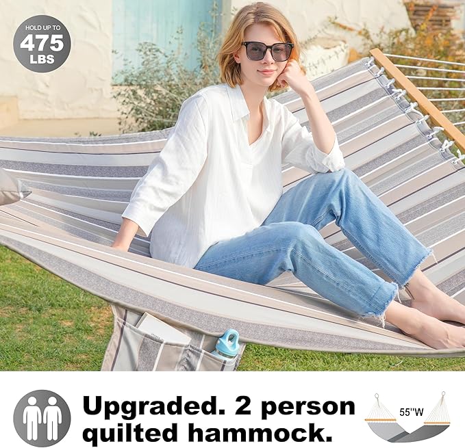 2 Person Hammocks for Outside, Double Quilted Fabric Outdoor Hammock with Spreader Bar, Large Removable Pillow, Storage Pockets, Carabiners, Max 475 lbs Capacity (Peace Dove Grey) GafeteOutdoorLiving