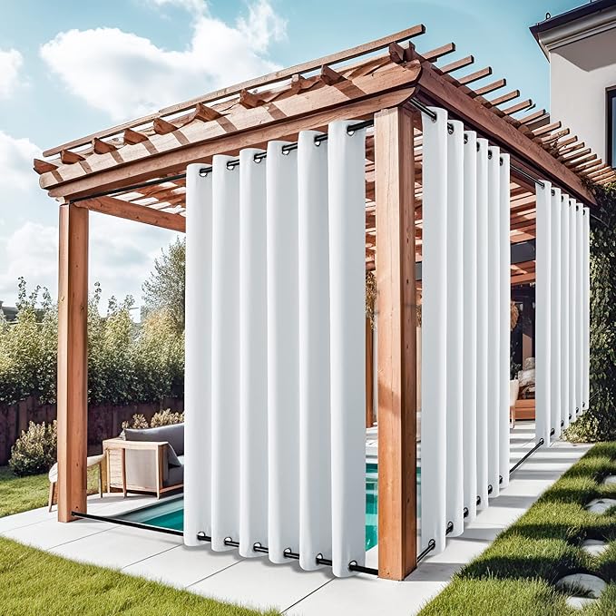 NICETOWN 2 Panels Outdoor Curtains for Patio Waterproof Grommet Top & Bottom, Windproof Thermal Insulated Heat & Sound Blocking Outdoor for Pergola Gazebo, Greyish White, W84 x L84 NICETOWN