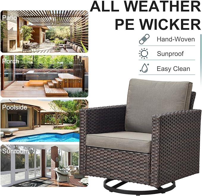 Belord 6 Piece Outdoor Furniture Patio Wicker Sofa Set, Oversize Outdoor Swivel Rocker Chairs with Rattan Ottomans, Conversation Sets Patio Furniture Come with Removable Washable Blue Cushion Belord