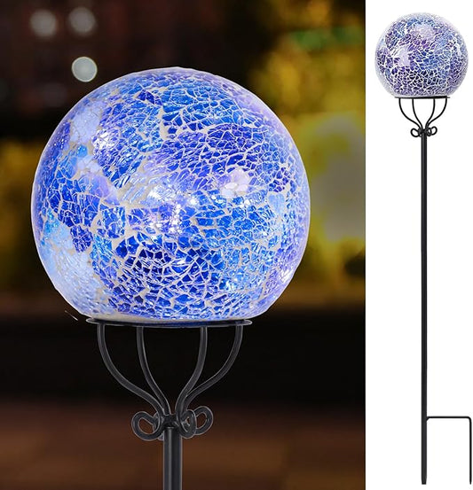 VCUTEKA Solar Outdoor Lights Garden Decor Mosaic Solar Garden Lights Waterproof Glass Ball LED Pathway Stake Light for Landscape Lawn Patio Yard Decoration 6 inch, Blue VCUTEKA
