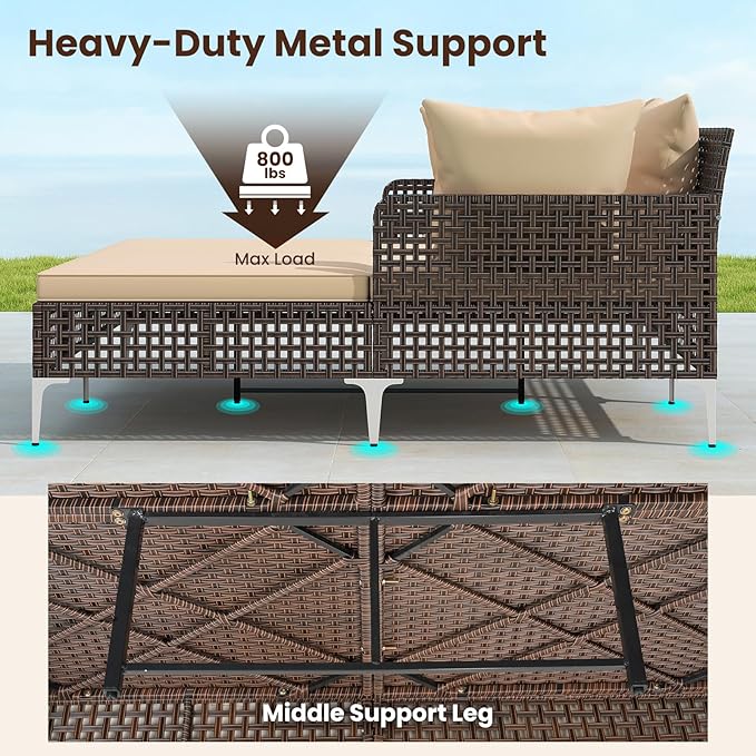 Tangkula Outdoor Rattan Double Daybed, Boho Wicker Chaise Lounge for 2 with Seat & Back Cushions, Outdoor Sunbed Loveseat with Metal Support for Backyard, Poolside & Deck (Brown) TANGKULA