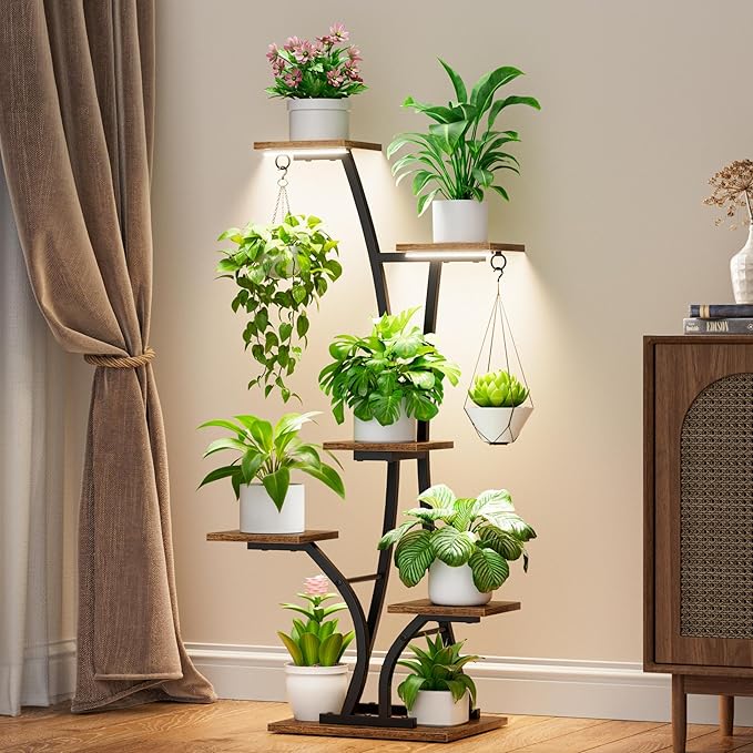Plant Stand with Grow Light for Indoor Plants, 6 Tiered Metal Plant Shelf, 45" Indoor Plant Rack with 7 Shelves and 2 Hooks, Modern Corner Plant Holder for Living Room Balcony Bedroom, Black Rootora