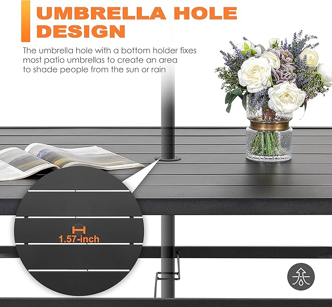 NUU GARDEN 7 Piece Outdoor Dining Set Rectangle Iron Patio Table with Umbrella Hole and 6 Swivel Chairs with Cushions Outdoor Furniture Set for Garden Backyard Black and Red NUUGARDENCORPORATION