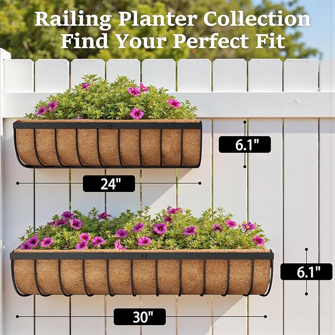 Railing Planter Boxes, 30 Inch Window Boxes Planters, Balcony Planters with Adjustable Brackets & Coco Liner & Support Rod for Outdoor Fence, Deck, Porch, and Patio Gardening, 3 Pack VOXOR