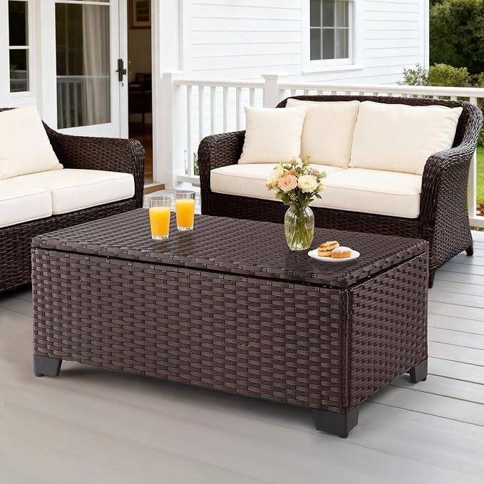 VINGLI Outdoor Coffee Table with Storage, All-Weather Dark Brown Wicker Patio Table for Garden, Balcony, Backyard VINGLI
