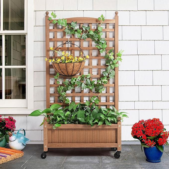 Yaheetech 2pcs 50" H Raised Garden Bed with Trellis & Wheels Standing Vertical Horticulture Planter Box for Vine Climbing Plants, Flowers, Herbs Brown Yaheetech
