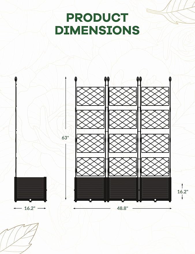 GAOMON 3 PCS Raised Garden Bed with Trellis - 50 in W x 63" Tall Plastic Planter Box for Climbing Plants, Outdoor Vertical Garden with Privacy Screen for Patio, Balcony, Backyard GAOMON