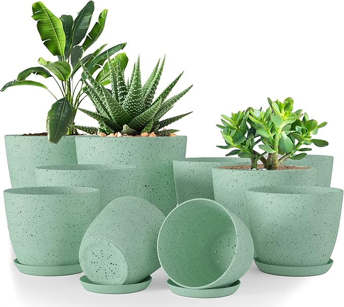 Utopia Home - Spotty Plant Pots Indoor with Drainage - 7/6.6/6/5.3/4.8 Inches Flower Pots - 10 Pack Plastic Planters - Ideal for Stocking Stuffers - (Speckled Mint, Pack of 10) UTOPIAHOME