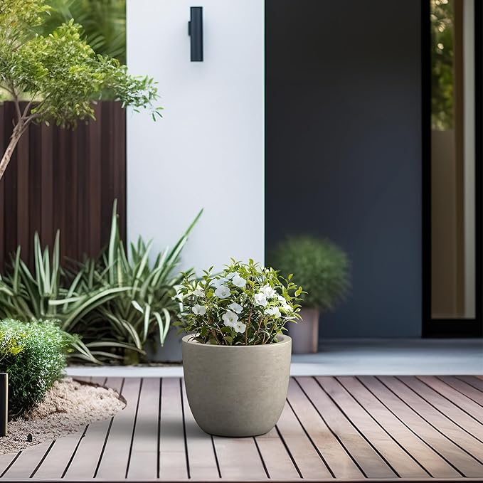Kante 14 Inch Dia Round Concrete Planter, Indoor Outdoor Large Plant Pot with Drainage Hole and Rubber Plug for Home Patio Garden, Weathered Concrete Kante