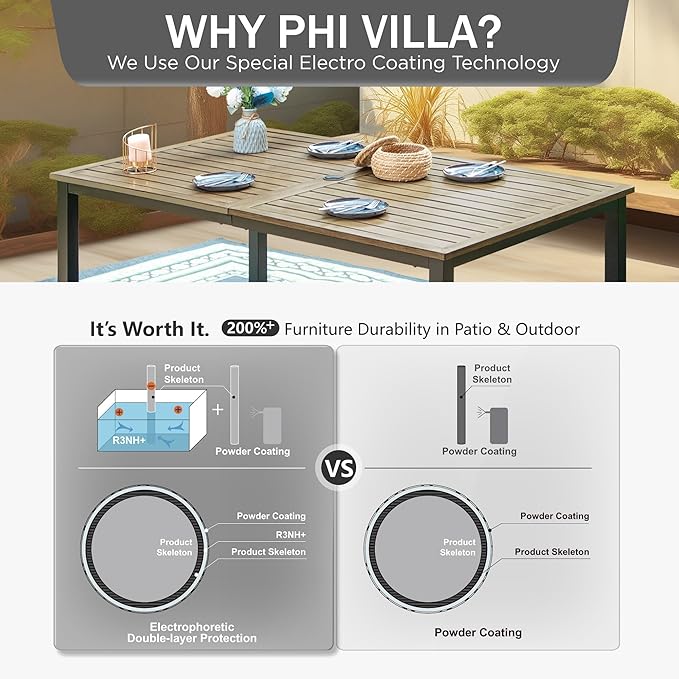 PHI VILLA 64" Rectangle Outdoor Dining Table, Patio Furniture Wood-Like Tabletop with Umbrella Hole for Patio Lawn Backyard Garden, Brown PHIVILLAThepioneerofcomfortablehouseholdsupplies