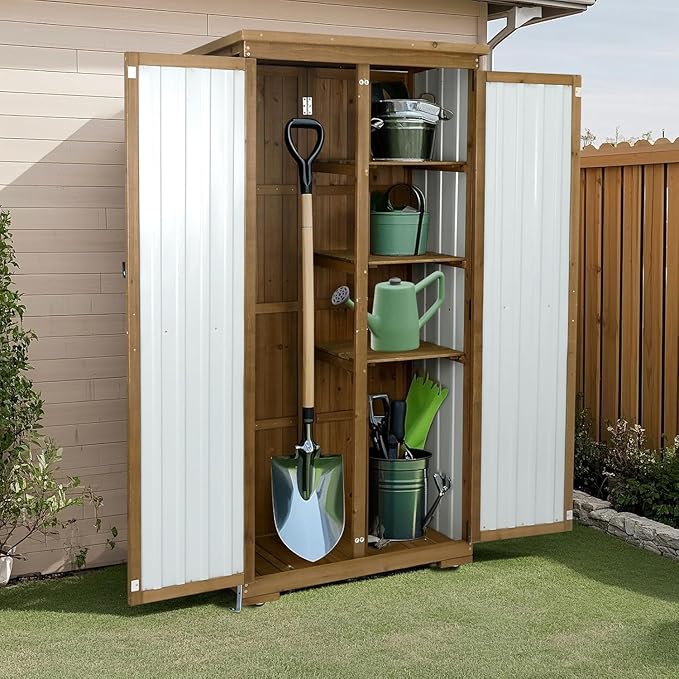 Outdoor Storage Cabinet with Shelf, Wood & Metal Storage Shed with Waterproof Roof & Lockable Doors,Tall Outdoor Cabinets for Patio Backyard, Gardening Tools and Accessories, Brown MAGAZOOPET