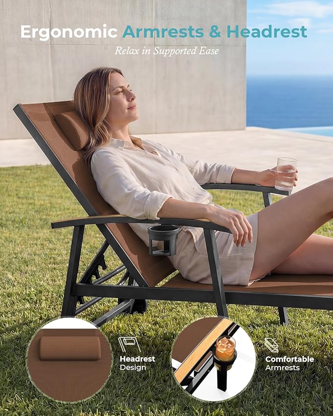 Ciokea Outdoor Lounge Chair with Pillow, 5-Position Aluminum Chaise Lounge with Wheels & Armrests, 400 lbs Heavy Duty Patio Pool Chair for Deck, Backyard, Beach & Poolside, Brown CIOKEA