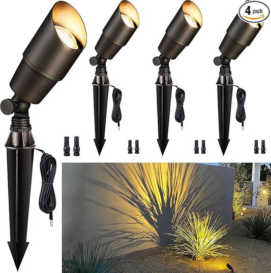 Gardenreet Brass Landscape Lighting - Outdoor Low Voltage Spotlights LED, 12V Wired Uplights, Waterproof Spot Lights Antique Bronze for Outside Trees Without MR16 Bulb (4 Pack) Gardenreet