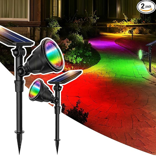 JSOT 2 Pack Christmas Solar Spotlights, RGB Solar Spot Light Outdoor Waterproof Color Changing Landscape Lighting with 9 Lighting Options Decor for Backyard Walkway Tree Lawn JSOT