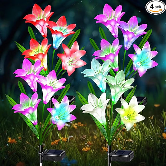 Solar Lights Outdoor Waterproof, 4 Pack Garden Decor Lights, 16 Multi-Color Changing Lily Solar Flowers for Yard Patio Pathway Decor, Gifts for Women Mom (4 Pack) OSTRITEC