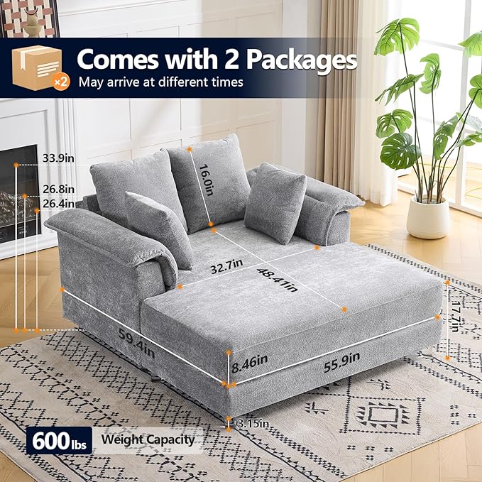 VINGLI Modern Floating Chaise Lounge Chair with Acrylic Legs, Upholstered Cushion Deep Seat Lounge Sofa with Iron-Wood KD Frame, Pillow Armrest, Accent Chair for Living Room, Play Room Apartment VINGLI