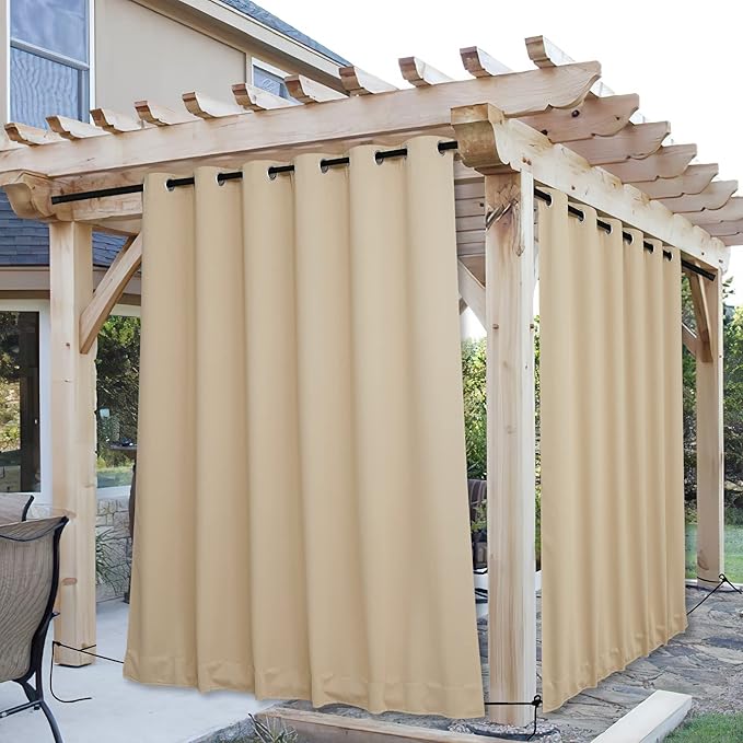 NICETOWN 2 Panels Weighted Blackout Curtains for Patio Waterproof, Top & Bottom Grommet & Back Tab Fixed Outdoor Curtains Windproof Drapes Thermal Insulated for Porch, W84 x L95, Biscotti Beige NICETOWN